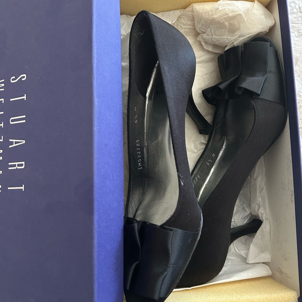Stuart Weitzman Black Satin Heels with Bow